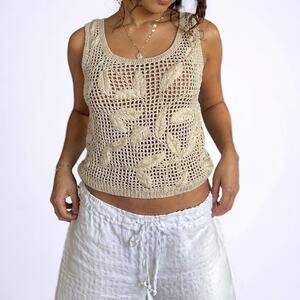 Y2K Ellen Tracy Hand Knit 100% Cotton Beige Cropped Crochet Tank Top Large